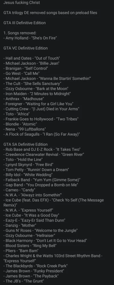 anonimowiec125 - Prawdopodobna lista usuniętych piosenek z remasterów GTA...
Miejmy n...