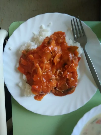 qew12 - Łobiad pany, dzień 41 
Rozgotowany ryż z mięsem i sosem pomidorowo pieczarkow...