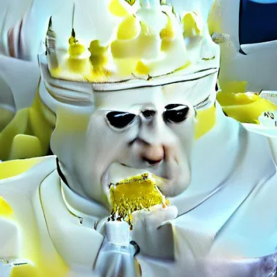 0.....E - > yellow pope eats a cream cake