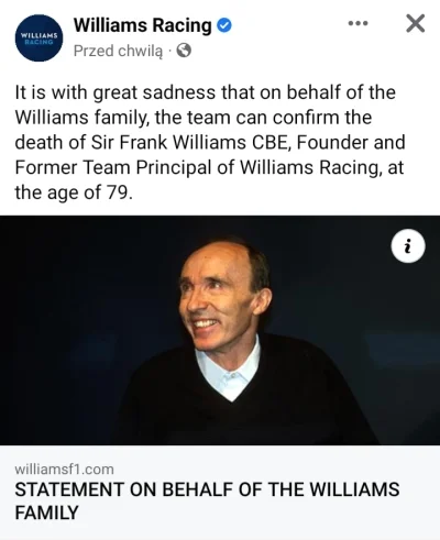 l.....9 - Pojawiła się informacja o śmierci Sir Franka Williamsa ( ͡° ʖ̯ ͡°)
#f1