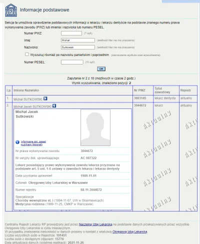 Ojezuniu - Według Centralnego Rejestr Lekarzy osoba "Michał Jacek Sutkowski" jest: "L...