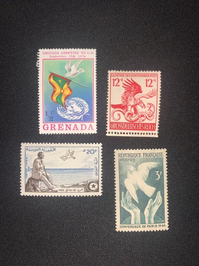 CorxjeTT - Mały mix znaczków „ptaki jako symbol” od lewej: Grenada w ONZ, Rzesza Niem...