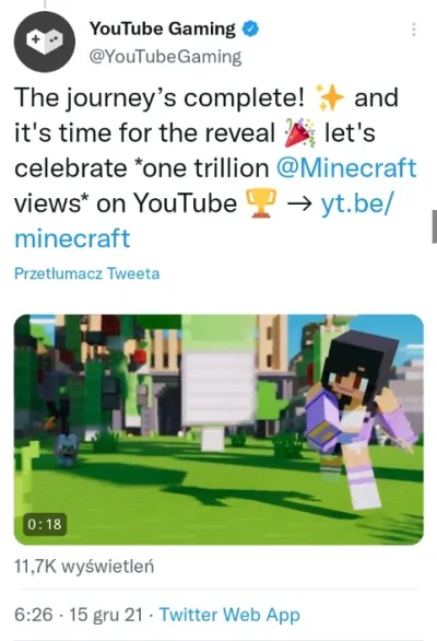 sodomek - Minecraft właśnie osiągnął pewien kamień milowy na YouTube i przekroczył 1 ...