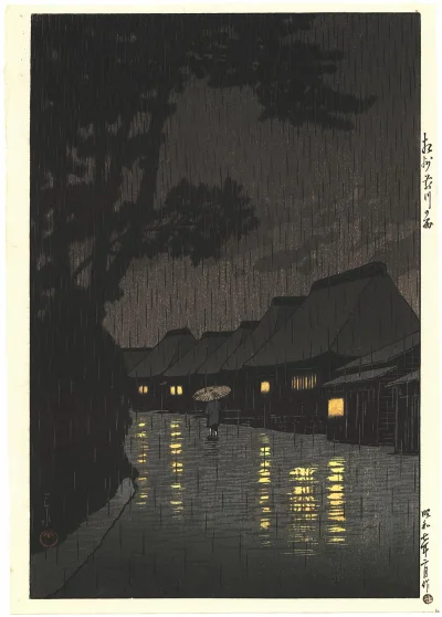 Lifelike - Rainy Night at Maekawa; Kawase Hasui
drzeworyt, 1932 r.
#artevaria
#szt...