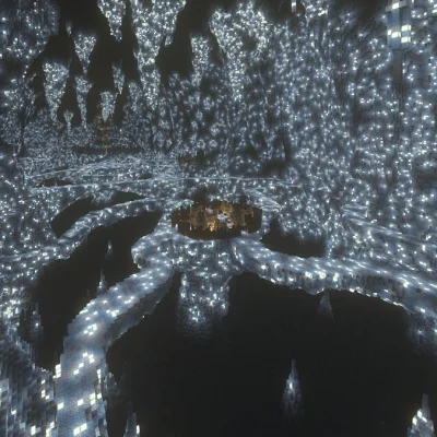 Nvrmnd666 - #minecraft #fantasy 
Wioska NPC w lodowej jaskini, w ciemnościach są lodo...