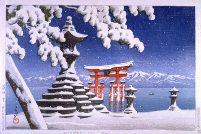 Lifelike - Snow at Tsukushima; Kawase Hasui
drzeworyt, 1932 r., 24,1 x 36,5 cm
#art...