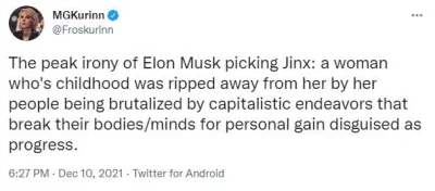 guest - Elon wrzucił grafikę z Jinx na tt.
A jakiejś babie #!$%@?ło XD
(ponoć sławna ...