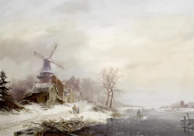 Hoverion - Fredrik Marinus Kruseman 1816-1882
Winter landschap met gehucht, windmole...