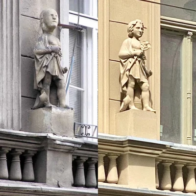 O.....r - Rzeźba z kamienicy przy ulicy Ruskiej 32-33 przed i po remoncie budynku w 2...