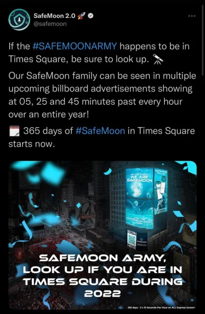 trumnaiurna - FOMO na #safemoon 
Wykupili bilboardy na Times Square, które przez 15 ...