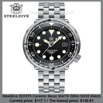 n____S - Steeldive SD1975 Ceramic Bezel 30ATM 300m NH35 Watch
Cena: $117.10 (najniżs...