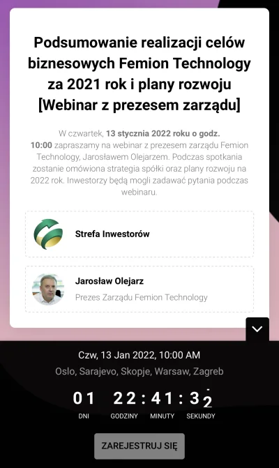 franek022 - https://event.webinarjam.com/register/244/q1np8anr 

Będzie czat inwestor...