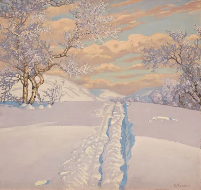 Hoverion - Gustaf Fjaestad 1868-1948
Vinterlandskap med skidspår i nysnö, olej na pł...