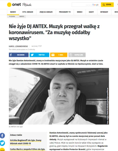 o.....k - Nie żyje DJ Antex. Nie ma słowa o tym że był niezaszczepiony... Dziwne ( ͡°...