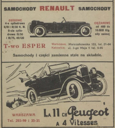 francuskie - Tak w 1927 roku reklamowano samochody Peugeot oraz Renault w Mapie Polsk...