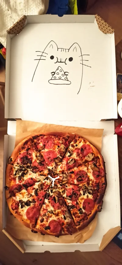 adammaster36 - Taki obrazek na pizzy dzisiaj dostałem 

#pizza #koty #rysujzwykopem