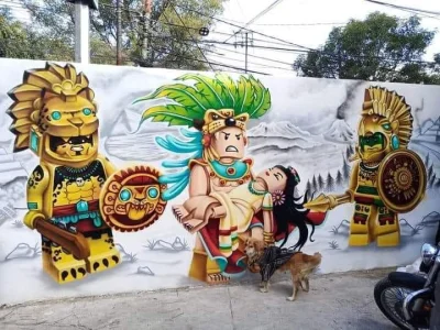 WuDwaKa - #meksyk #mural #lego #aztecy | źródło