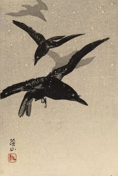 Lifelike - Kruki latające w burzy śnieżnej; Itō Sōzan
drzeworyt, ok. 1920 r., 18 x 2...