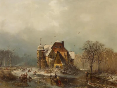 Hoverion - Carl Hilgers 1818-1890
Zahlreiche Personen auf dem Eis vor einem alten Wa...