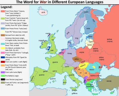 JoeShmoe - Słowo "wojna" w różnych europejskich językach wraz z etymologią. #mapporn ...
