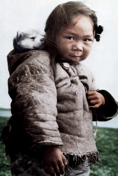brusilow12 - Mała Inuitka z małym psem husky na plecach (｡◕‿‿◕｡)

#fotohistoria #re...