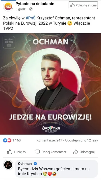 Canzone_ - Oglądaliście dzisiaj PnŚ z Krzysztofem Ochmanem? ( ͡° ͜ʖ ͡°)
#eurowizja #t...