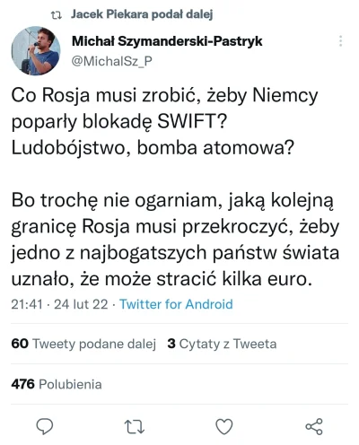 Kapitalista777 - Nie będzie wykluczenia Rosji z systemu SWIFT - mówi kanclerz Scholz....