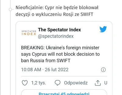 polzwed - Podobno Cypr jednak może nie blokować odłączenia Rosji od SWIFT
#rosja #cy...