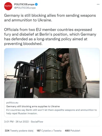 Xianist - Niemcy cały czas blokują wysyłkę broni na Ukrainie.
Tutaj twitter ambasady...