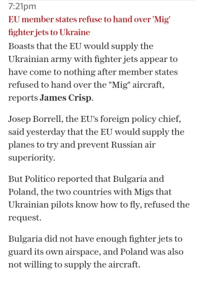 m1chau - Patrzcie, co piszą na Telegraphie. Ponoć Polska nie chce przekazać MiGów. To...