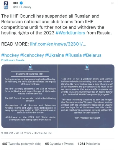 josedra52 - #rosja i #bialorus zawieszone

Rosji odebrano organizację turnieju juni...
