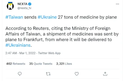 Seentas - >Tajwan wysyła Ukrainie 27 ton leków samolotem Według Reutersa, powołując s...