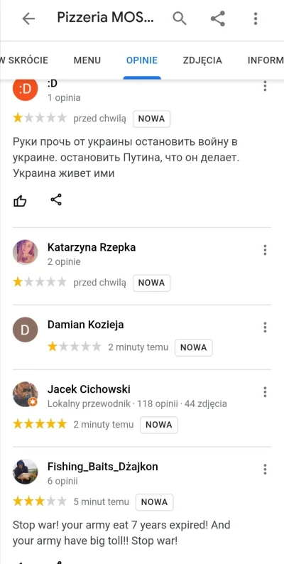 Vafik - Ludzie wystawiają opinie na google i piszą o wojnie pod Pizzeria MOSKVA, któr...