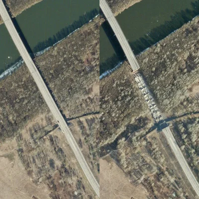 yolantarutowicz - Zdjęcia satelitarne ukazujące zniszczony most nad rzeką Desna, któr...