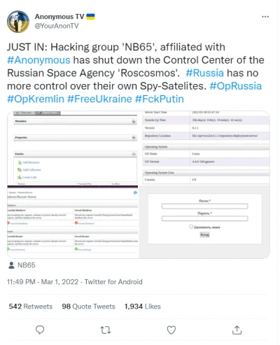 Seentas - >Grupa hakerska „NB65”, powiązana z Anonymous , zamknęła Centrum Kontroli R...