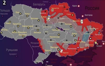 elim - rosyjska mapka pokazująca w którą stronę mają iść uderzenia rosyjskich wojsk, ...