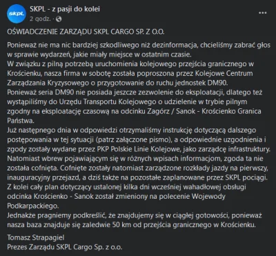 Adrian77 - Oświadczenie zarządu przewoźnika SKPL Cargo Sp. z o.o.
https://www.facebo...
