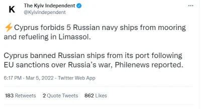 Seentas - > Cypr zakazuje pięciu statkom rosyjskiej marynarki wojennej cumowania i ta...