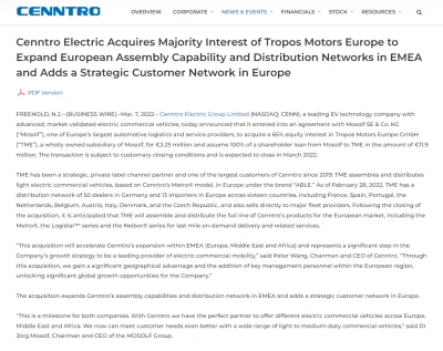 FxJerzy - Cenntro Electric przejmuje większościowy pakiet udziałów Tropos Motors Euro...
