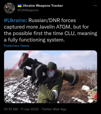 Dodwizo - Wojna to i złe wieści. Tu trochę Javelinów w rękach Rosjan
https://mobile....
