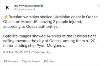 Seentas - >Według władz Odessy 15 marca rosyjskie okręty wojenne ostrzelały ukraiński...