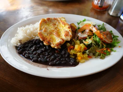 ziolo22 - Tradycyjny kostarykański obiad - ryż, kurczak, warzywa i platany. Taka porc...
