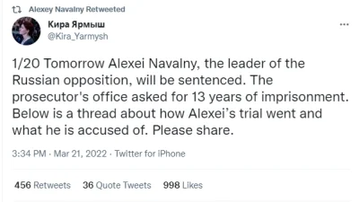 Coronavirus - Jutro zapadnie wyrok dla Nawalnego. Prokurator chce 13 lat.

https://...