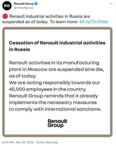 wouldanidiotdothat - Renault po wielu naciskach, w końcu zawiesza produkcję w Rosji (...