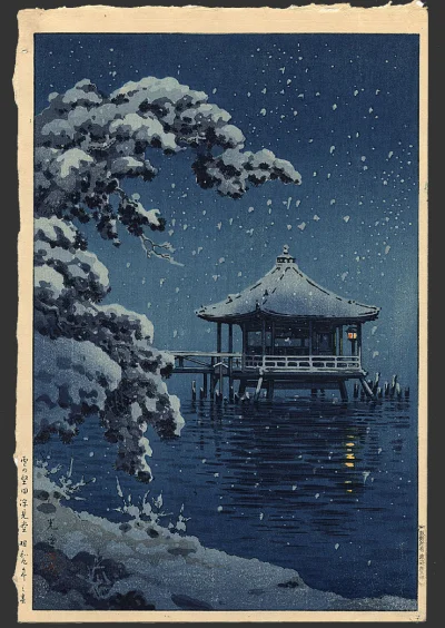 Lifelike - Śnieg na pawilonie Ukimido, Katada; Tsuchiya Koitsu
drzeworyt, 1934 r., 3...