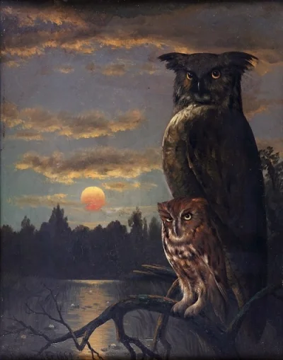 Borealny - Great Horned Owl and Fledgling at Dusk -
Joseph Rusling Meeker (1827-1889)...