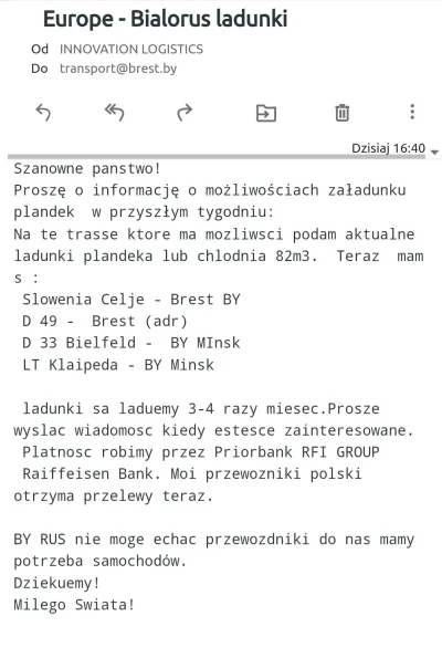 lobo1981 - Takie zapytanie transportowe dostalismy dzis od bialoruskiej firmy z ktora...