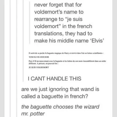 tygryske - @Salido: Elvis zamiast Marvolo i różdżka to baguette we francuskiej wersji...
