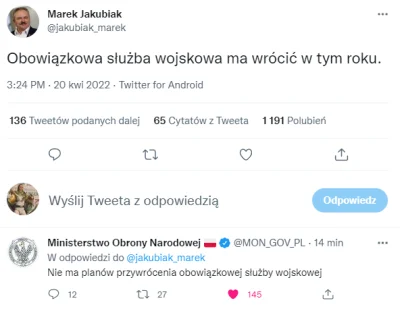 tomaszek1161 - Gdy odwalisz takiego tweeta, że MON musi ci odpowiadać
#wojna #rosja ...