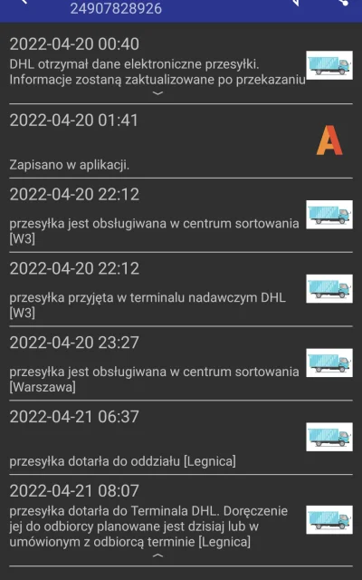 krzysdymowski - #dhl
Paczka stoi cały dzień na statusie:
2022-04-21 08:07 przesyłka d...